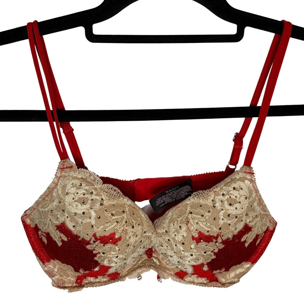 Victoria's Secret Red Gold Lace Rhinestone Push Up‎ Bra 32C Adjustable Straps